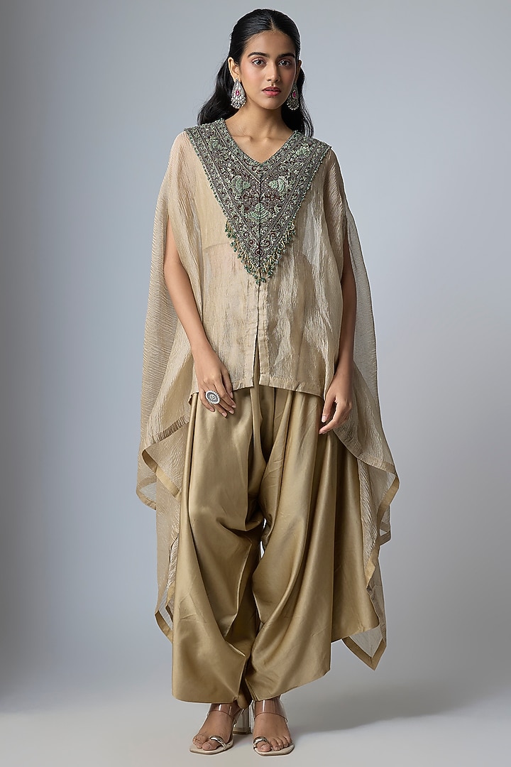 Beige Crushed Tissue Kaftan Set by Prisho at Pernia's Pop Up Shop