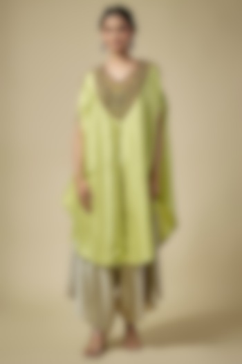 Lime Silk Thread Work Kaftan Set by Prisho at Pernia's Pop Up Shop