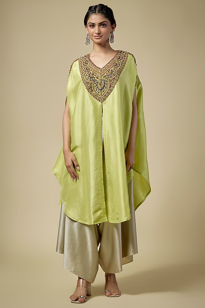 Lime Silk Thread Work Kaftan Set by Prisho at Pernia's Pop Up Shop
