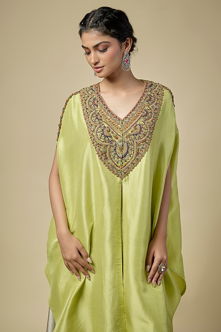 Lime Silk Thread Work Kaftan Set by Prisho at Pernia's Pop Up Shop