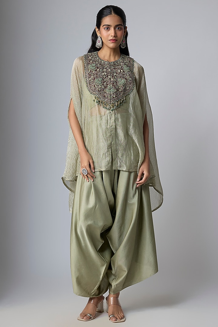 Blush Green Crushed Tissue Kaftan Set by Prisho at Pernia's Pop Up Shop
