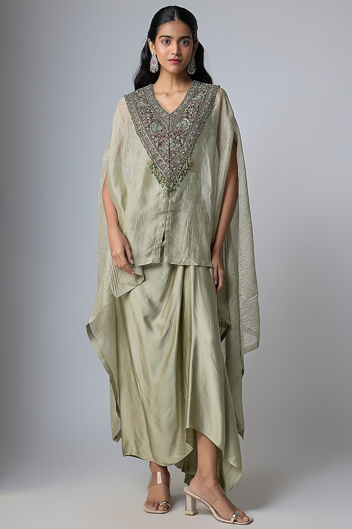 Blush Green Crushed Tissue Kaftan Set by Prisho at Pernia's Pop Up Shop