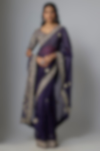 Dark Purple Organza Resham Work Reception Saree Set by Prisho at Pernia's Pop Up Shop