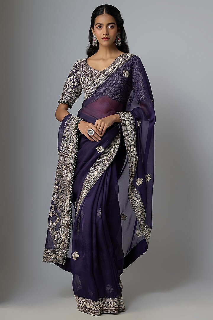 Dark Purple Organza Resham Work Reception Saree Set by Prisho at Pernia's Pop Up Shop