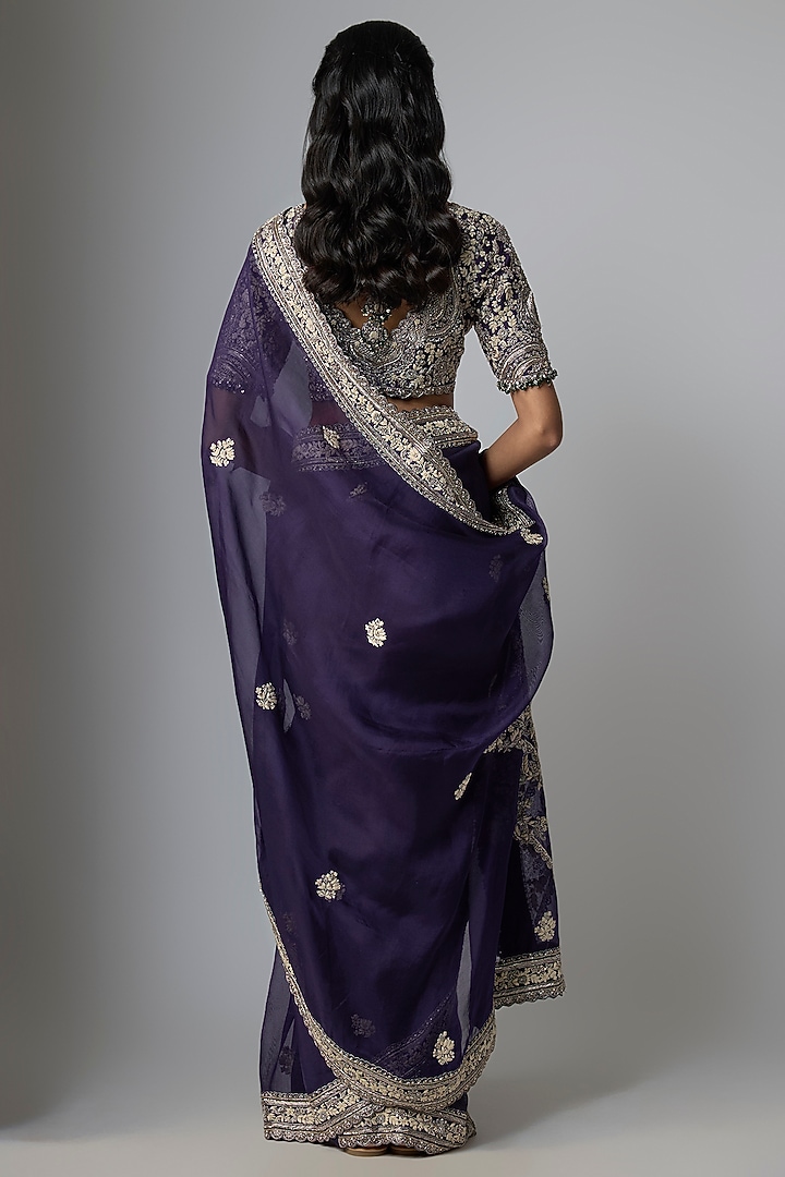 Dark Purple Organza Resham Work Reception Saree Set by Prisho at Pernia's Pop Up Shop