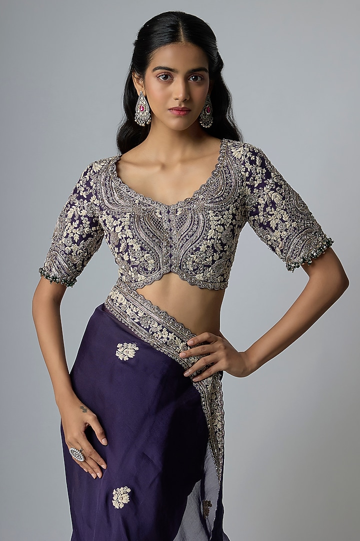 Dark Purple Organza Resham Work Reception Saree Set by Prisho at Pernia's Pop Up Shop