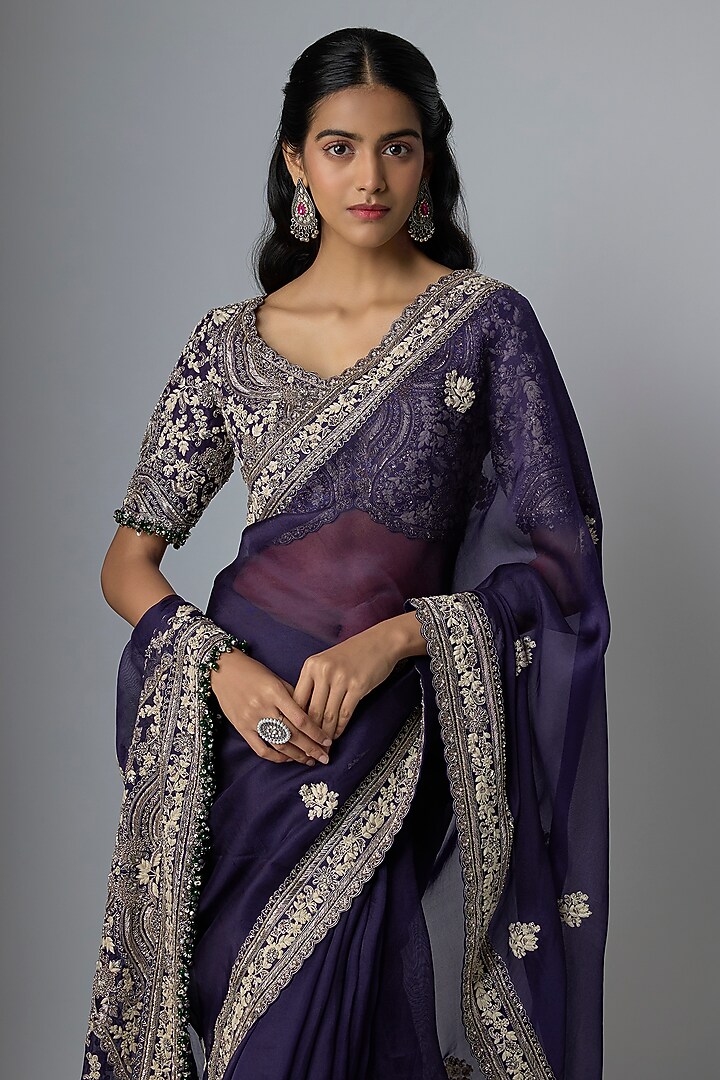 Dark Purple Organza Resham Work Reception Saree Set by Prisho at Pernia's Pop Up Shop