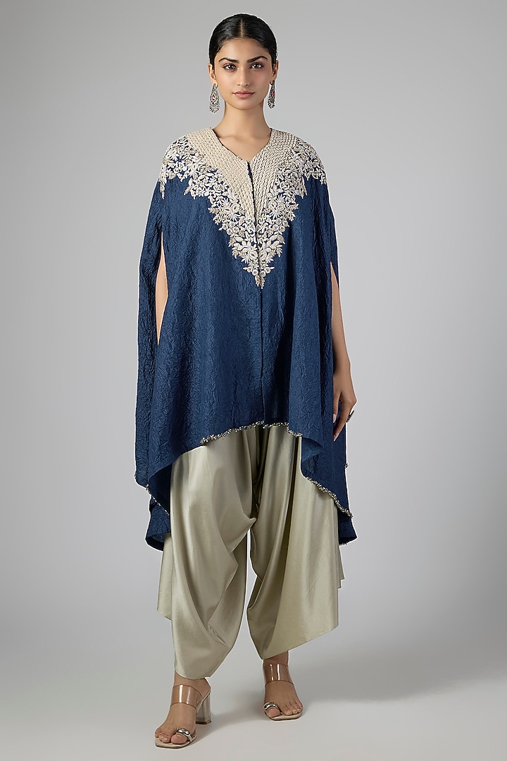 Dark Purple Crushed Silk Resham Work Kaftan Set by Prisho at Pernia's Pop Up Shop