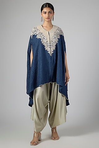 Dark Purple Crushed Silk Resham Work Kaftan Set by Prisho
