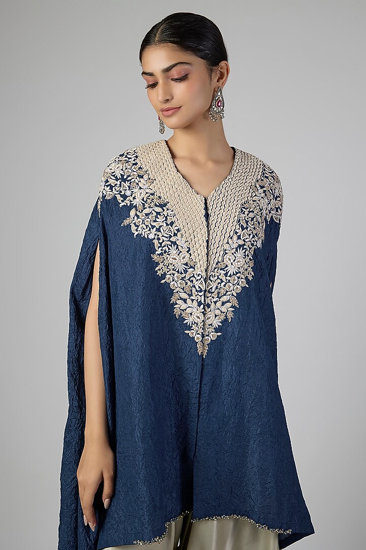 Dark Purple Crushed Silk Resham Work Kaftan Set by Prisho at Pernia's Pop Up Shop