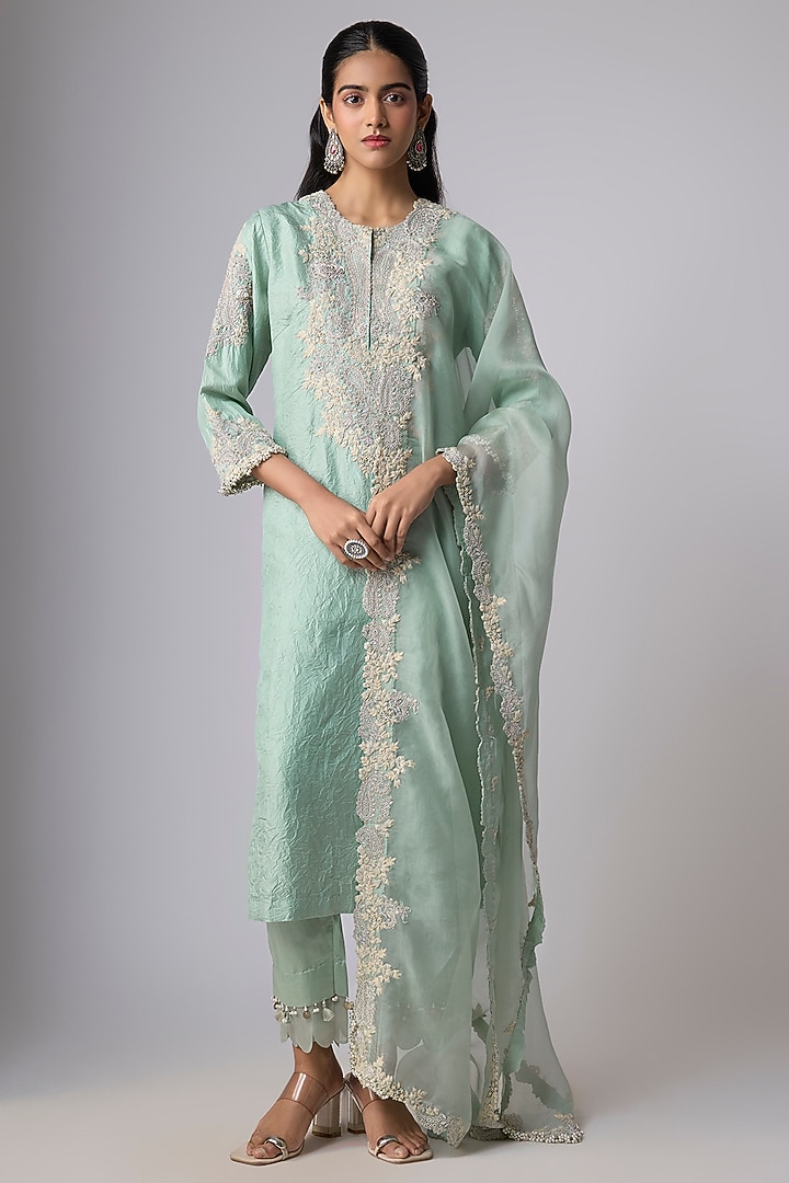 Aqua Silk Resham Work Kurta Set by Prisho at Pernia's Pop Up Shop
