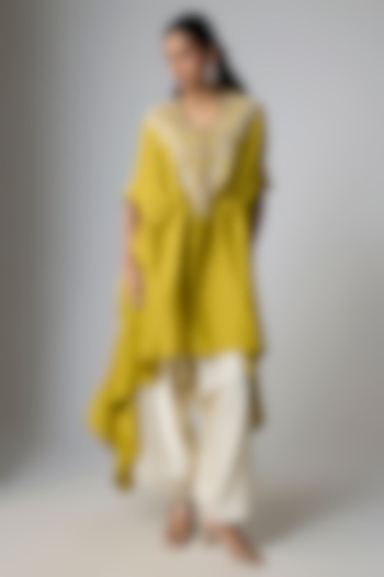 Lime Green Silk Resham Work Kaftan Set by Prisho at Pernia's Pop Up Shop