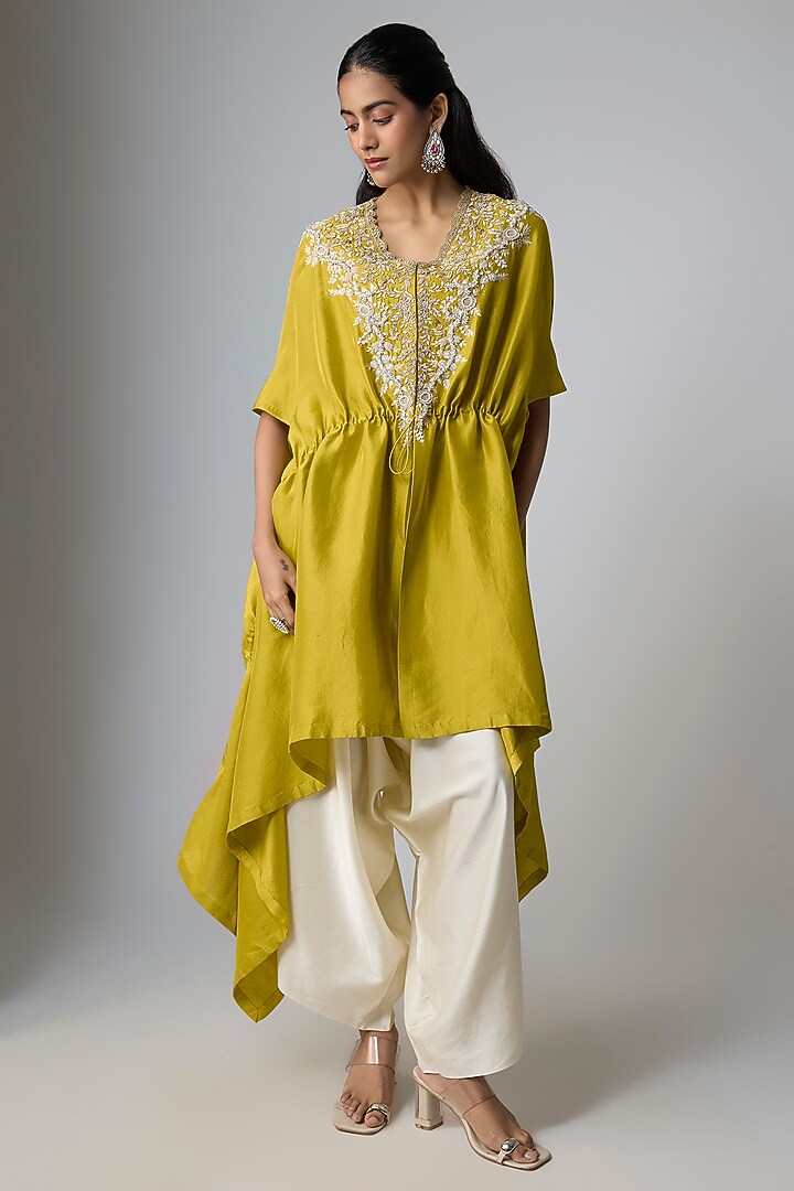 Lime Green Silk Resham Work Kaftan Set by Prisho at Pernia's Pop Up Shop