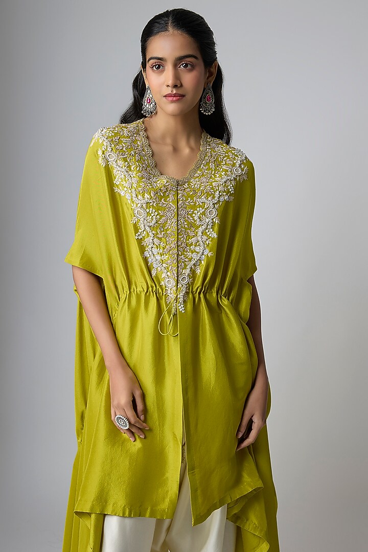 Lime Green Silk Resham Work Kaftan Set by Prisho at Pernia's Pop Up Shop