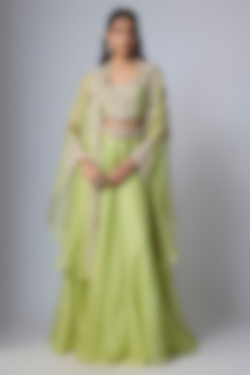 Lime Organza Resham Work Cape Set by Prisho at Pernia's Pop Up Shop