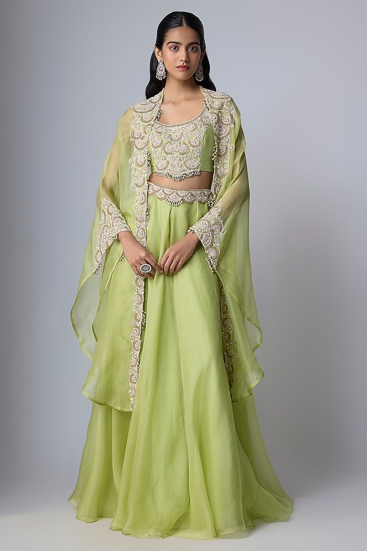 Lime Organza Resham Work Cape Set by Prisho at Pernia's Pop Up Shop