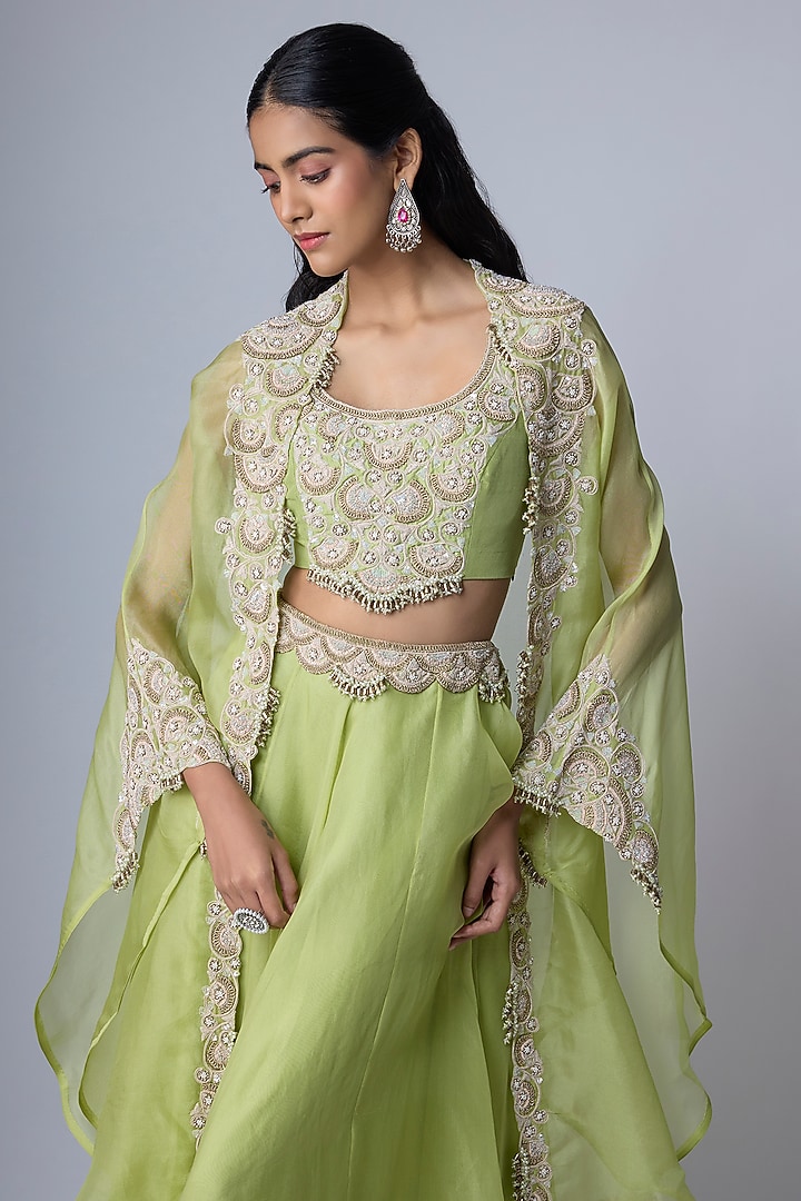Lime Organza Resham Work Cape Set by Prisho at Pernia's Pop Up Shop
