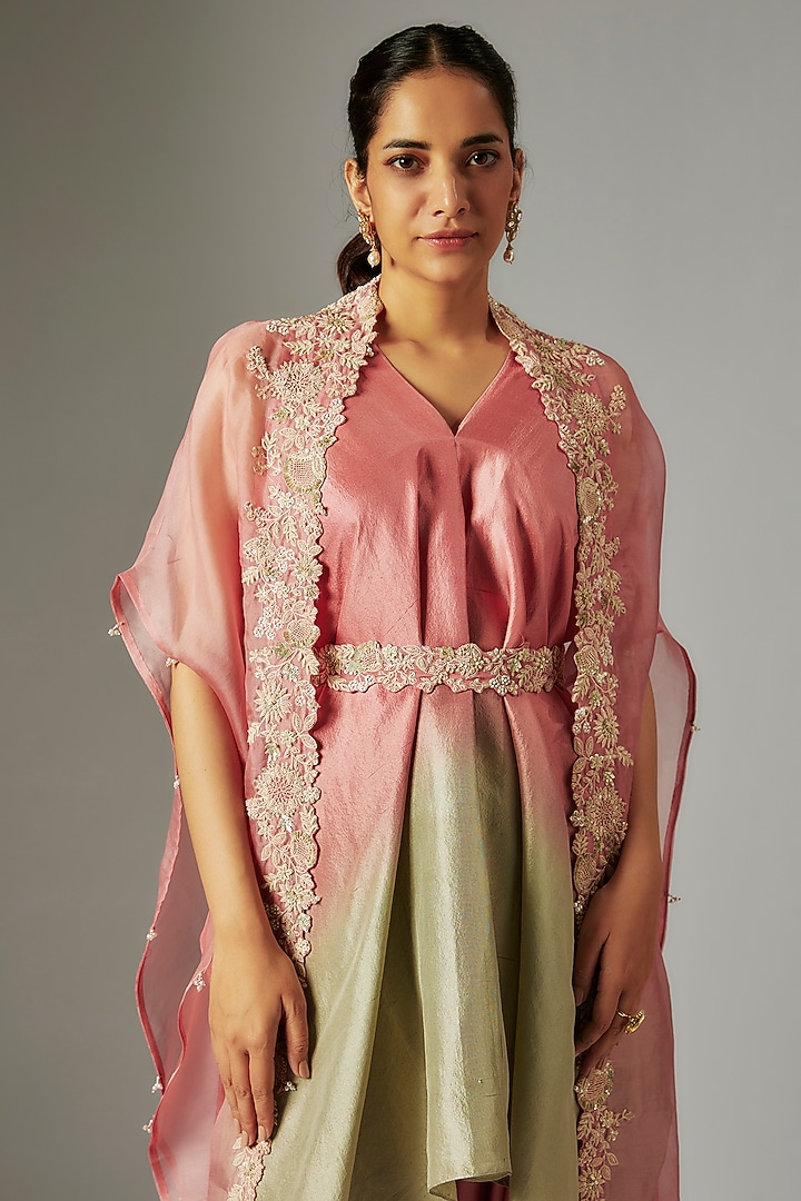 Pink Organza Resham Work Cape Set by Prisho at Pernia's Pop Up Shop