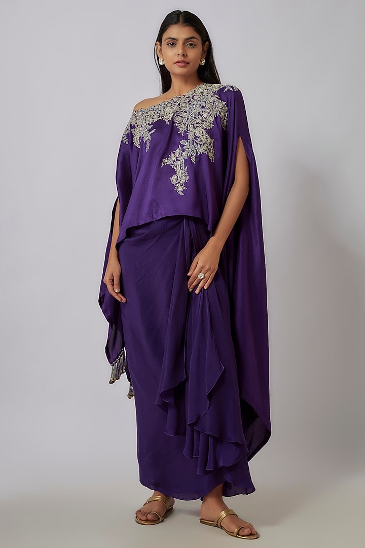 Purple Silk Dori Embroidered A-Line Kaftan Set by Prisho at Pernia's Pop Up Shop