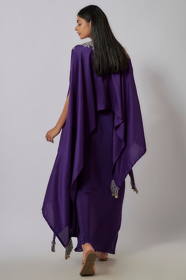 Purple Silk Dori Embroidered A-Line Kaftan Set by Prisho at Pernia's Pop Up Shop