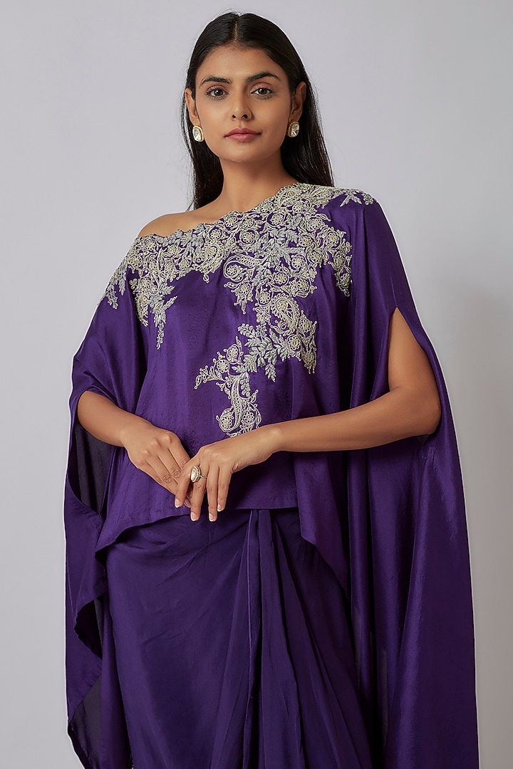 Purple Silk Dori Embroidered A-Line Kaftan Set by Prisho at Pernia's Pop Up Shop