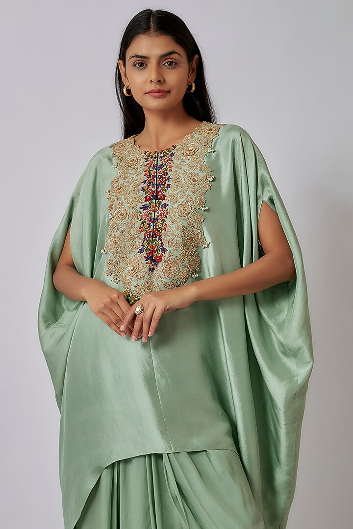 Mint Green Silk Dori Embroidered Kaftan Set by Prisho at Pernia's Pop Up Shop