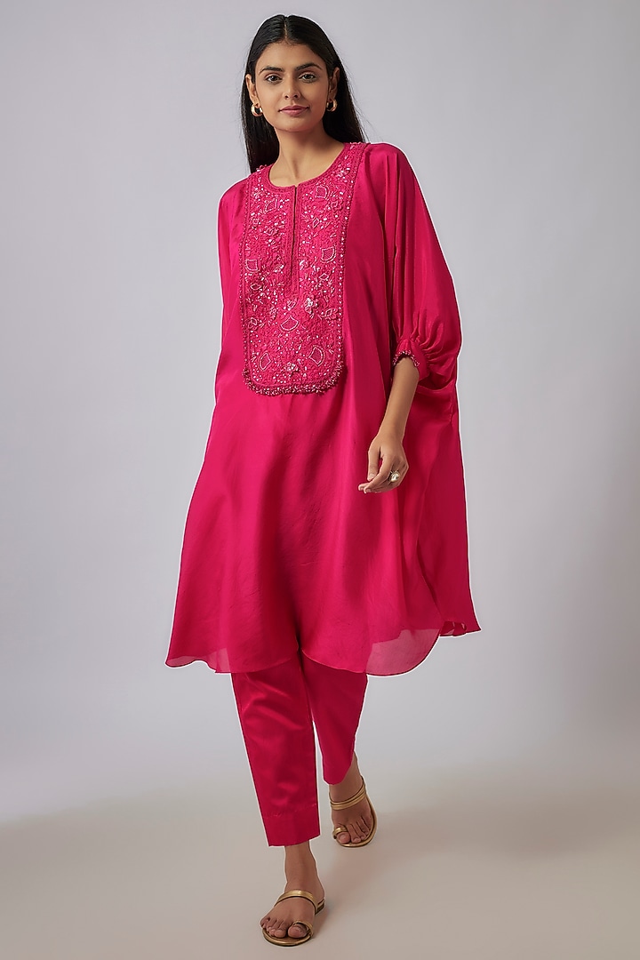 Rani Pink Silk Resham Embroidered Kaftan Set by Prisho at Pernia's Pop Up Shop