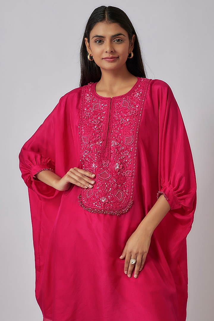 Rani Pink Silk Resham Embroidered Kaftan Set by Prisho at Pernia's Pop Up Shop