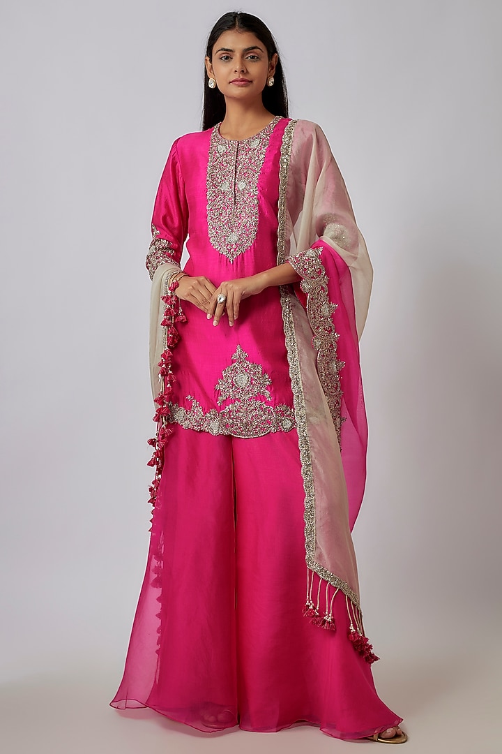 Fuchsia Pink Organza Wedding Sharara Set by Prisho at Pernia's Pop Up Shop