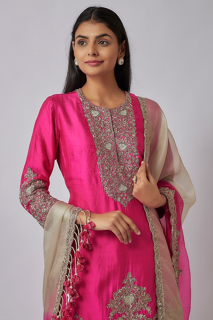 Fuchsia Pink Organza Wedding Sharara Set by Prisho at Pernia's Pop Up Shop