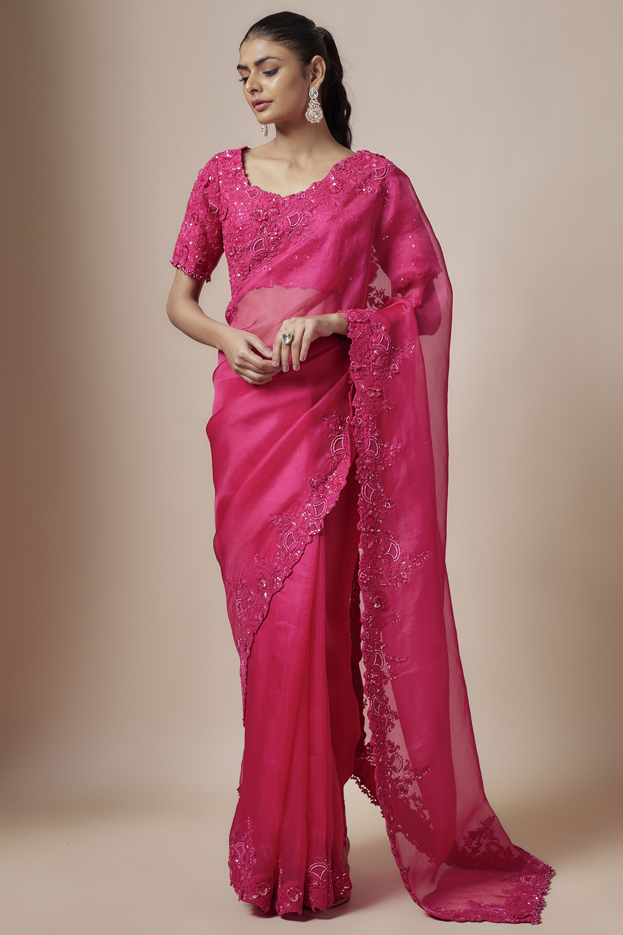 Fuchsia Organza Resham Embroidered Wedding Saree Set by Prisho at Pernia's Pop Up Shop