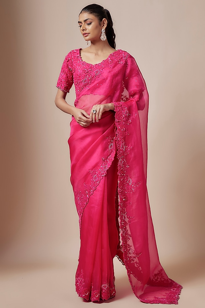 Fuchsia Organza Resham Embroidered Wedding Saree Set by Prisho at Pernia's Pop Up Shop