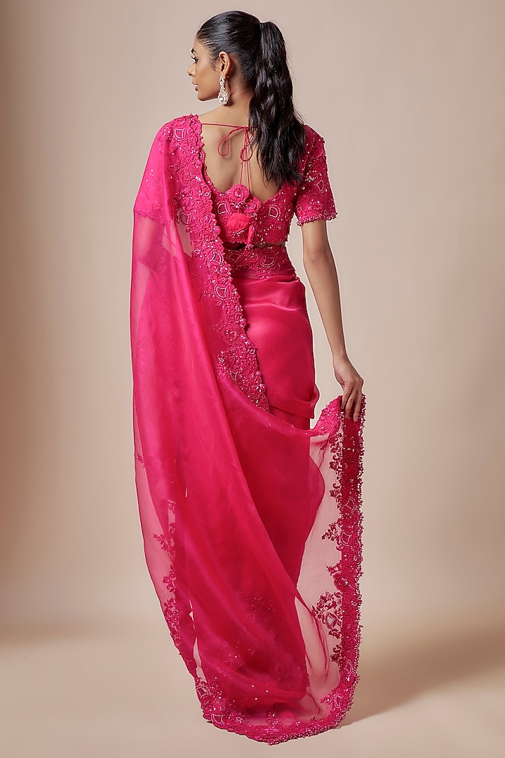 Fuchsia Organza Resham Embroidered Reception Saree Set by Prisho at Pernia's Pop Up Shop