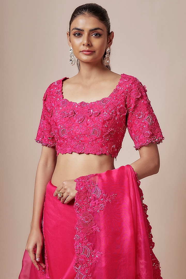 Fuchsia Organza Resham Embroidered Reception Saree Set by Prisho at Pernia's Pop Up Shop
