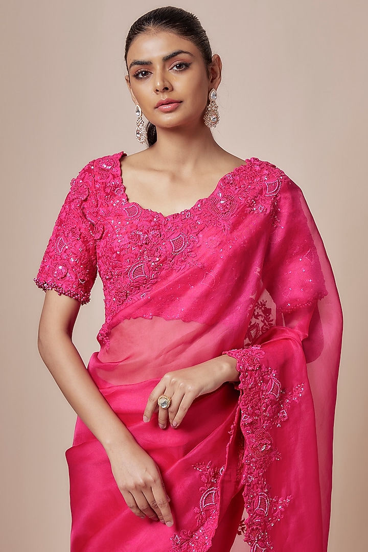 Fuchsia Organza Resham Embroidered Reception Saree Set by Prisho at Pernia's Pop Up Shop