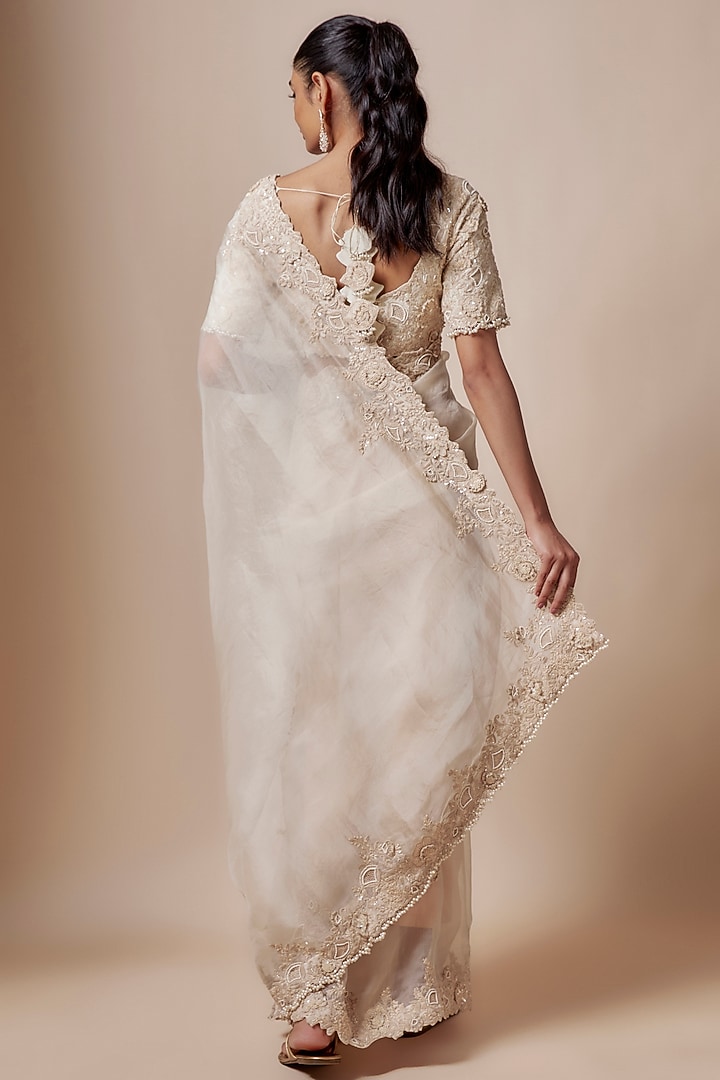 Ivory Organza Resham Embroidered Reception Saree Set by Prisho at Pernia's Pop Up Shop
