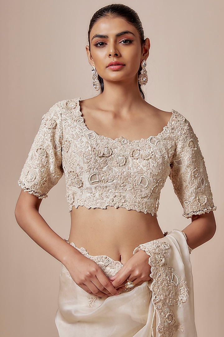 Ivory Organza Resham Embroidered Reception Saree Set by Prisho at Pernia's Pop Up Shop