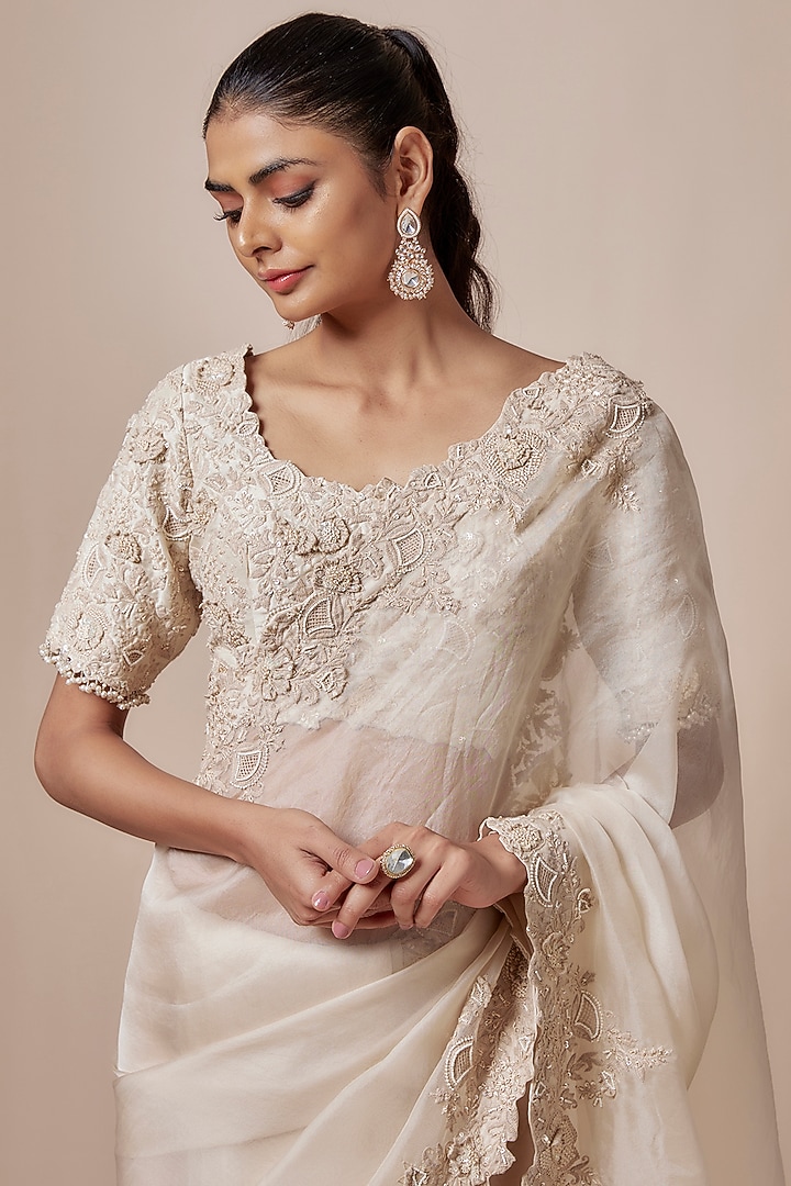 Ivory Organza Resham Embroidered Reception Saree Set by Prisho at Pernia's Pop Up Shop