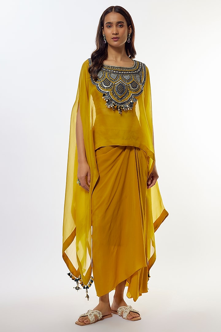 Mustard Organza Resham Work Kaftan Set by Prisho at Pernia's Pop Up Shop