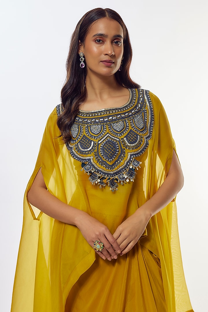 Mustard Organza Resham Work Kaftan Set by Prisho at Pernia's Pop Up Shop