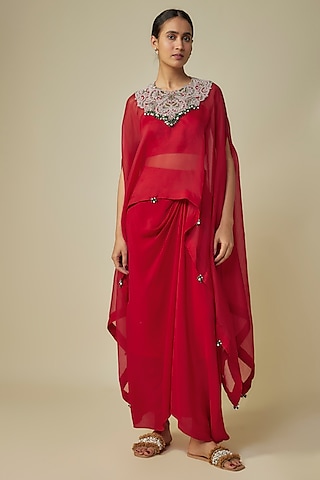 Red Crepe Skirt Set by Prisho