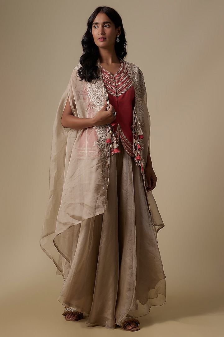 Beige Silk Dori Embroidered Jacket Set by Prisho at Pernia's Pop Up Shop