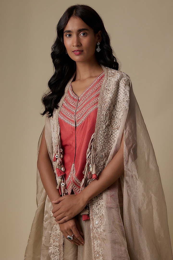 Beige Silk Dori Embroidered Jacket Set by Prisho at Pernia's Pop Up Shop