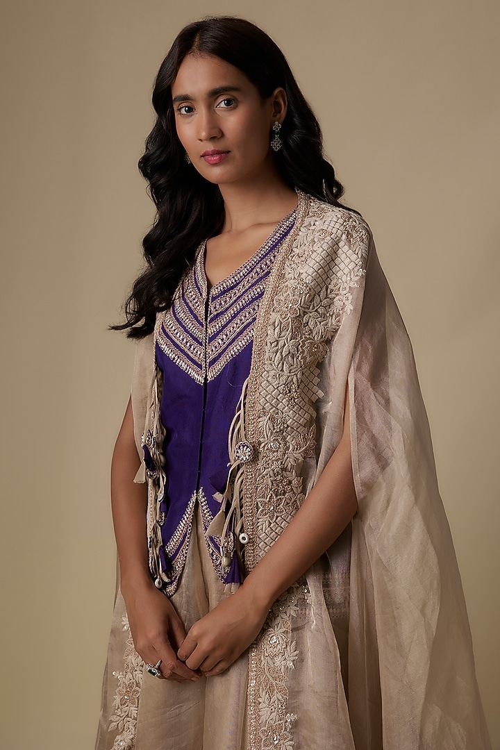 Beige Silk Dori Embroidered Jacket Set by Prisho at Pernia's Pop Up Shop