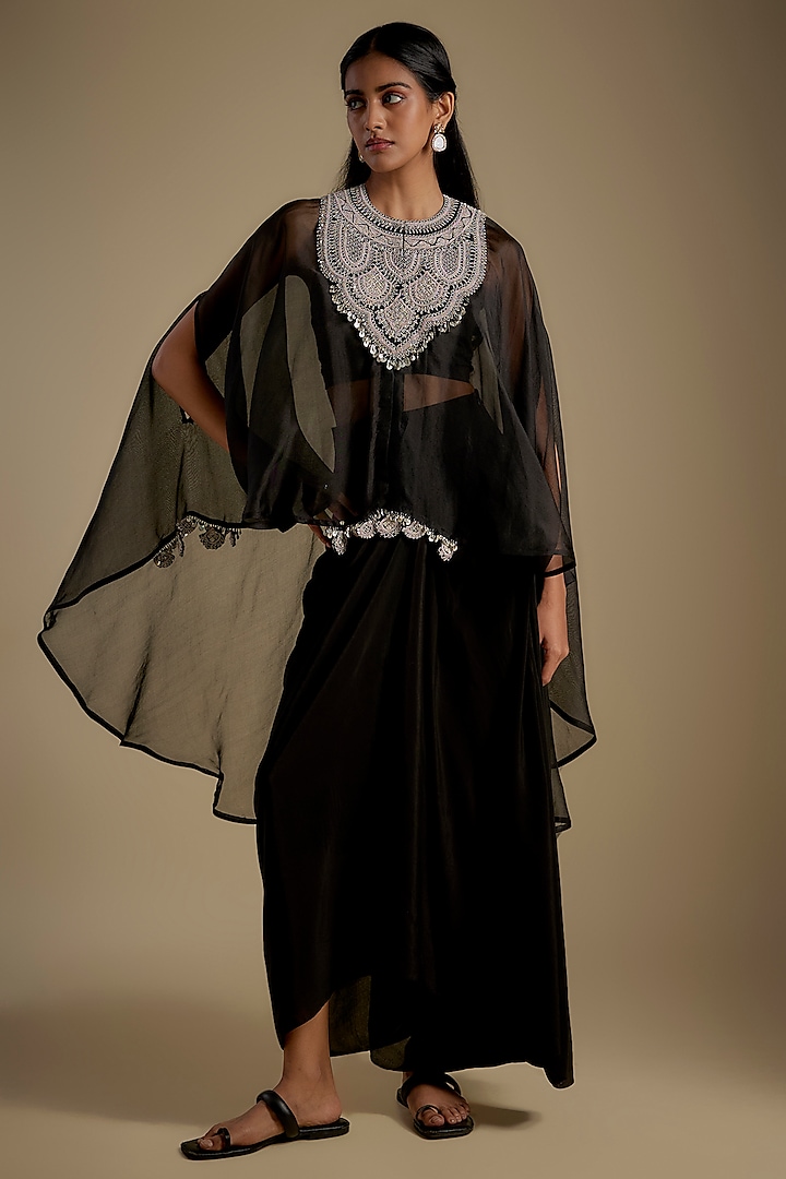 Black Organza Dori Work Umbrella Kaftan Set by Prisho at Pernia's Pop Up Shop