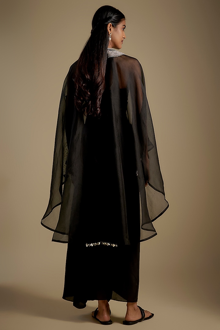 Black Organza Dori Work Umbrella Kaftan Set by Prisho at Pernia's Pop Up Shop