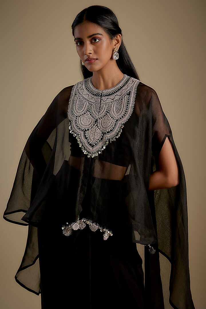 Black Organza Dori Work Umbrella Kaftan Set by Prisho at Pernia's Pop Up Shop
