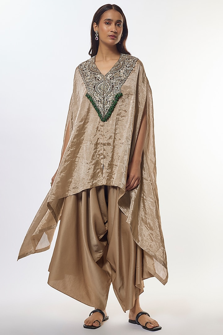 Champagne Tissue Maal Work Kaftan Set by Prisho at Pernia's Pop Up Shop