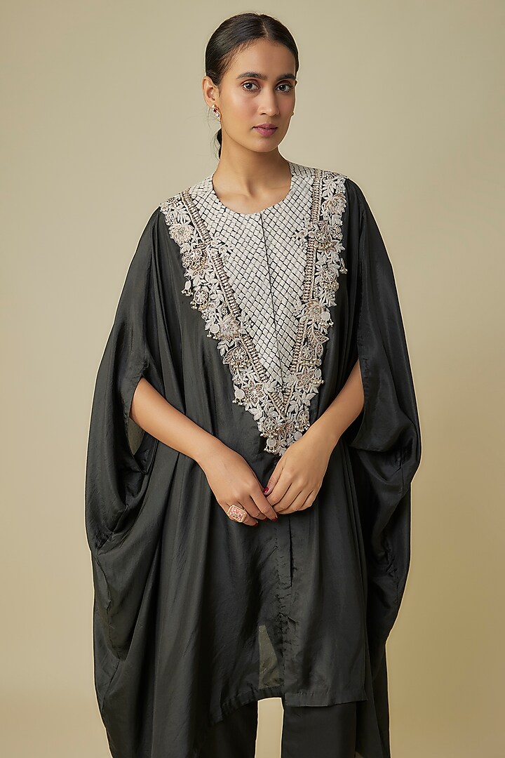 Black Habutai Silk Resham Work Kaftan Set by Prisho at Pernia's Pop Up Shop