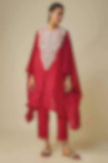 Red Habutai Silk Resham Work Kaftan Set by Prisho at Pernia's Pop Up Shop